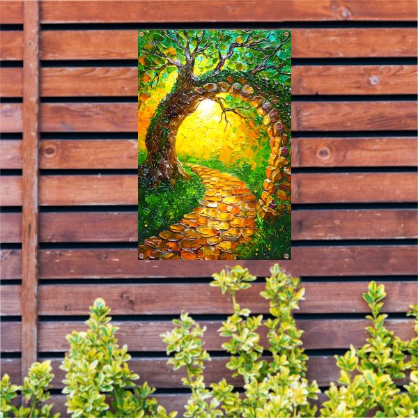 Kleurrijke boom met pad in zonlicht tuinposter