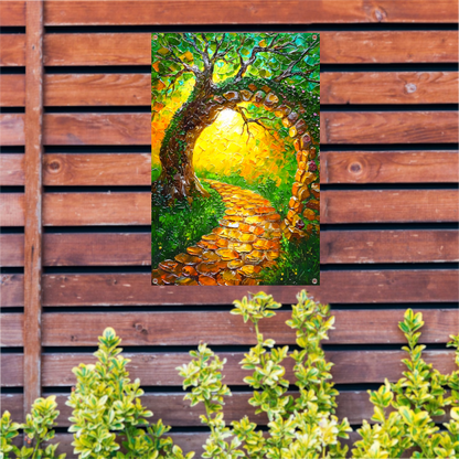 Kleurrijke boom met pad in zonlicht tuinposter