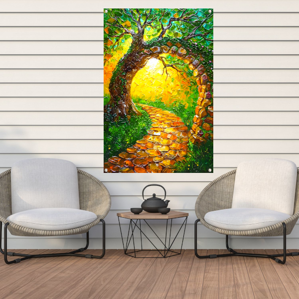Kleurrijke boom met pad in zonlicht tuinposter