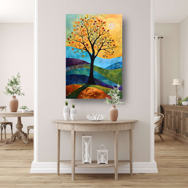 Surrealistisch herfstlandschap met kleurrijke boom canvas met baklijst