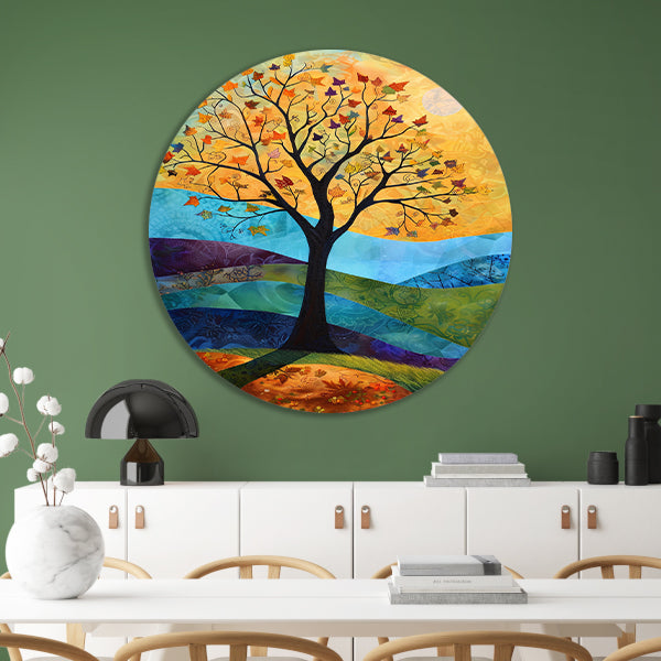 Surrealistisch herfstlandschap met kleurrijke boom aluminium muurcirkel