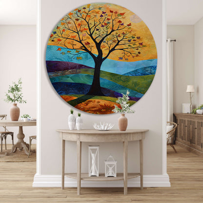 Surrealistisch herfstlandschap met kleurrijke boom aluminium muurcirkel