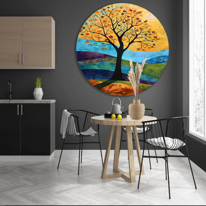 Surrealistisch herfstlandschap met kleurrijke boom aluminium muurcirkel