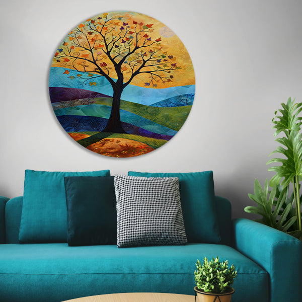 Surrealistisch herfstlandschap met kleurrijke boom aluminium muurcirkel