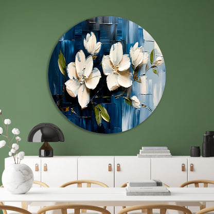 Abstracte witte bloemen op blauwe achtergrond forex muurcirkel