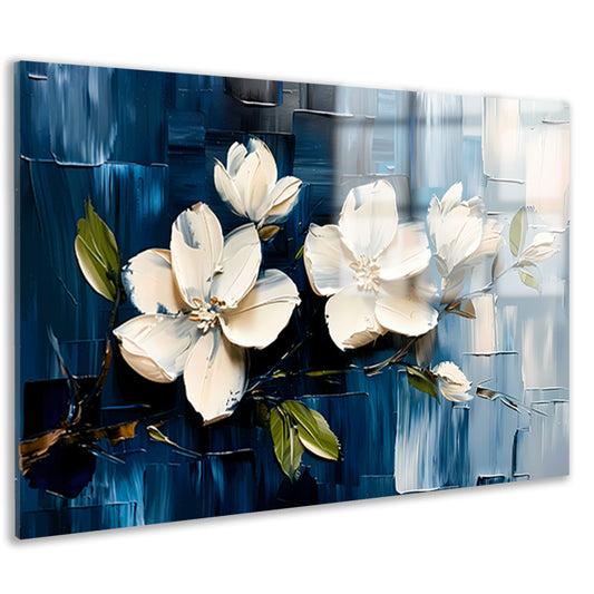 Abstracte witte bloemen op blauwe achtergrond acrylglas