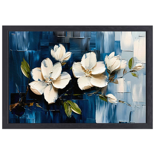 Abstracte witte bloemen op blauwe achtergrond canvas met baklijst