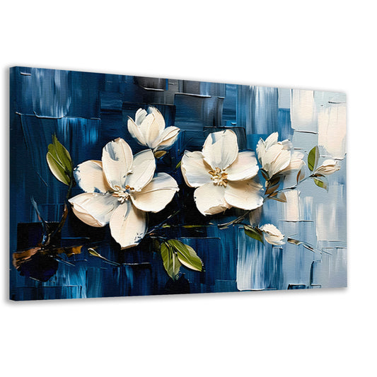 Abstracte witte bloemen op blauwe achtergrond canvas