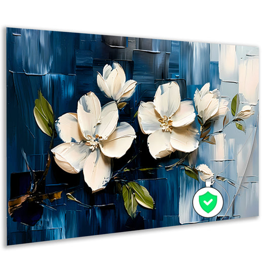 Abstracte witte bloemen op blauwe achtergrond poster