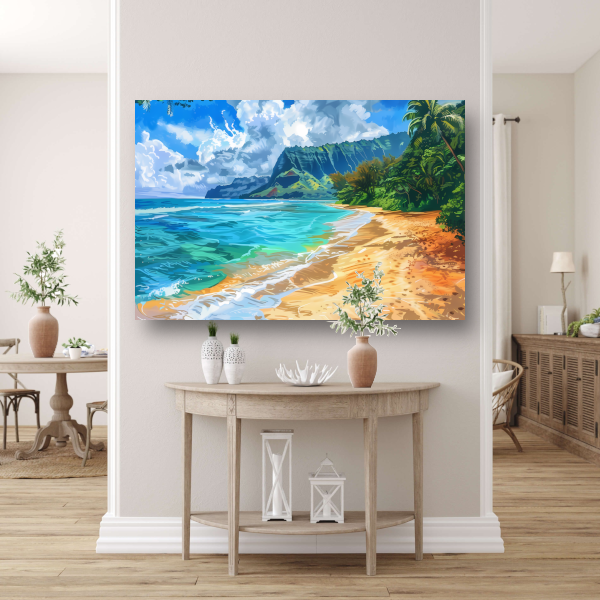 Impressionistisch Strand met Bergen poster