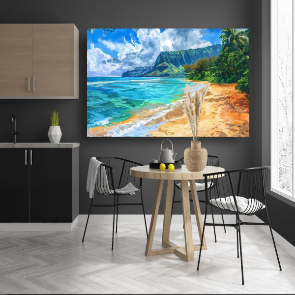 Impressionistisch Strand met Bergen canvas met baklijst