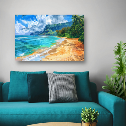 Impressionistisch Strand met Bergen canvas