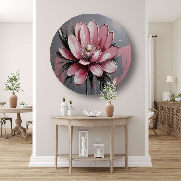 Moderne Roze Bloem met Zilveren Highlights aluminium muurcirkel