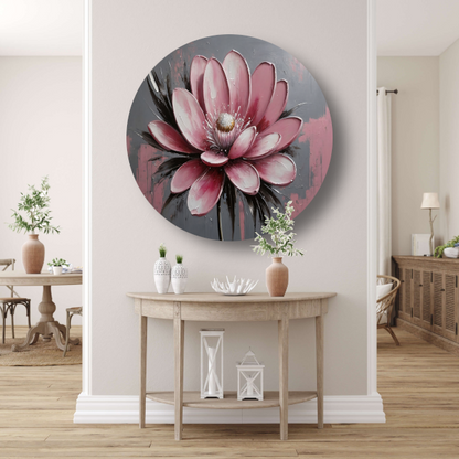 Moderne Roze Bloem met Zilveren Highlights aluminium muurcirkel