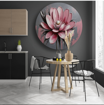Moderne Roze Bloem met Zilveren Highlights aluminium muurcirkel