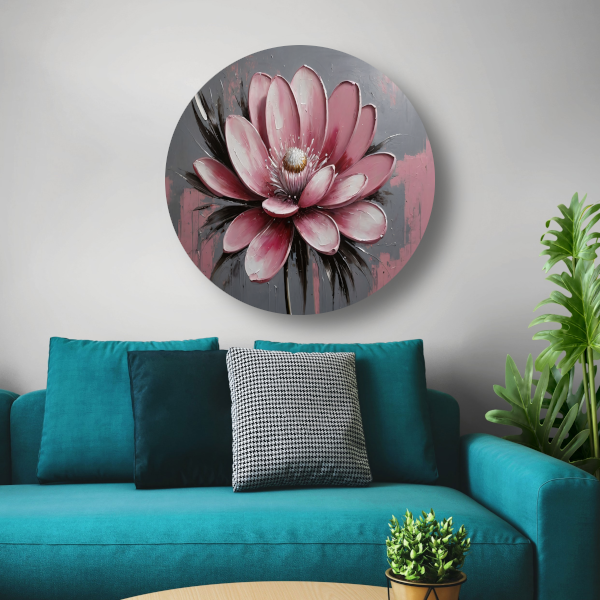 Moderne Roze Bloem met Zilveren Highlights aluminium muurcirkel