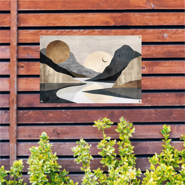 Meanderende Rivier Tussen Monochrome Bergen tuinposter