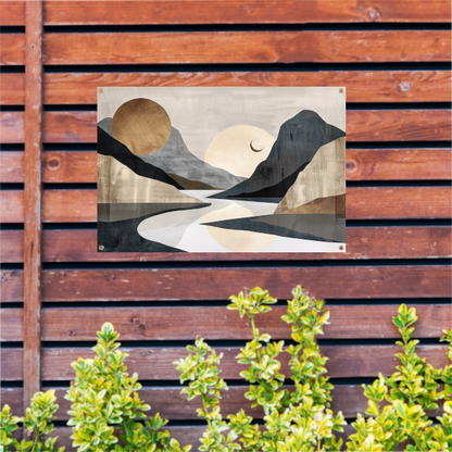Meanderende Rivier Tussen Monochrome Bergen tuinposter