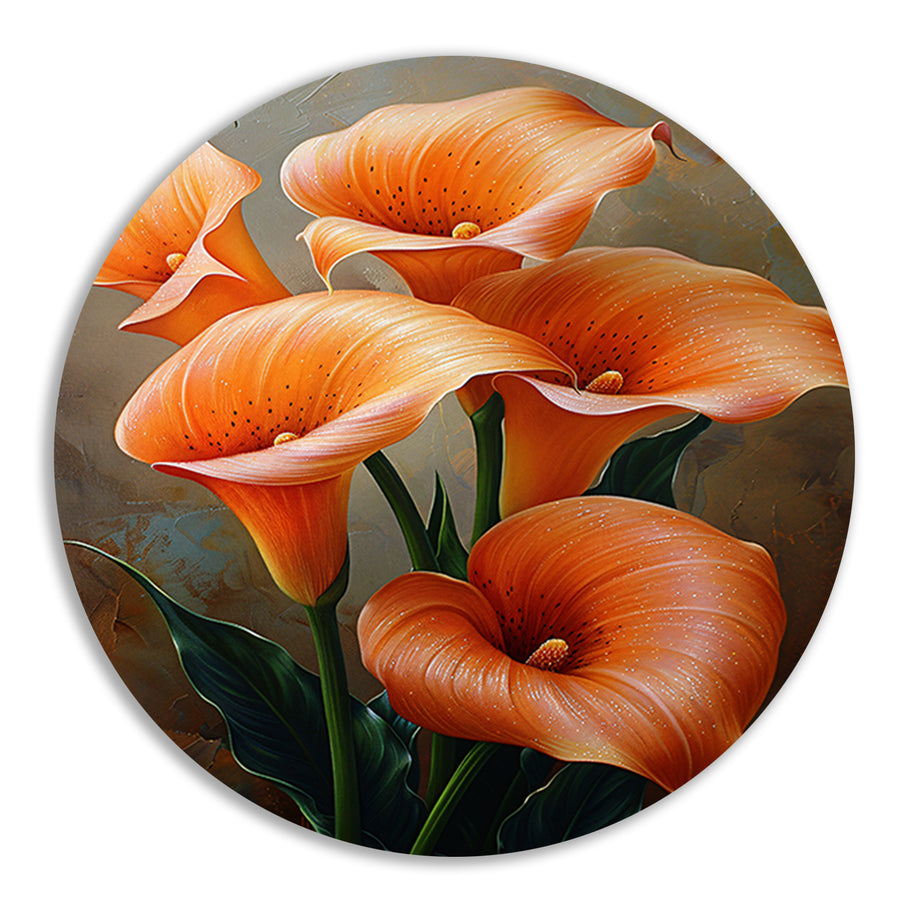 Elegante Oranje Calla Lelies op Schilderij aluminium muurcirkel