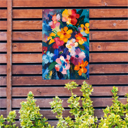 Explosie van kleuren in abstract bloemenschilderij tuinposter