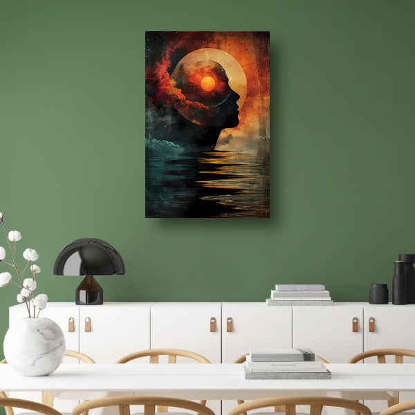 Silhouet met kosmisch landschap in hoofd poster