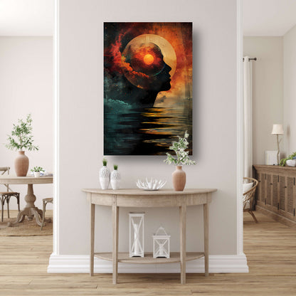 Silhouet met kosmisch landschap in hoofd poster