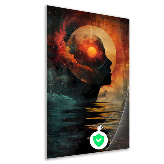 Silhouet met kosmisch landschap in hoofd poster