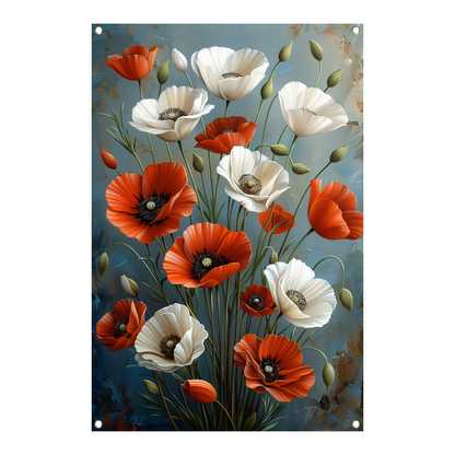 Rode en Witte Bloemen op Blauwe Achtergrond Schilderij tuinposter