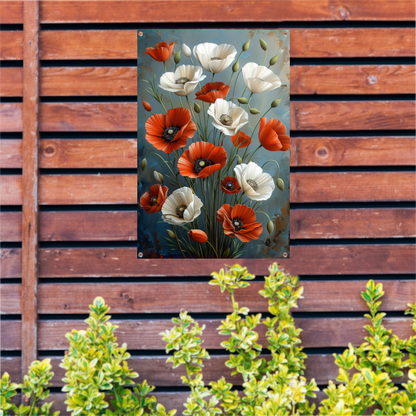 Rode en Witte Bloemen op Blauwe Achtergrond Schilderij tuinposter