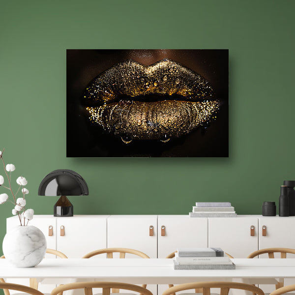 Betoverende gouden glitter lippen met waterdruppels acrylglas