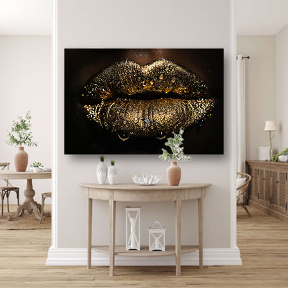 Betoverende gouden glitter lippen met waterdruppels acrylglas
