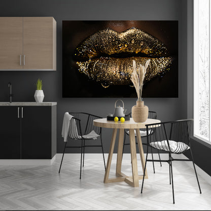 Betoverende gouden glitter lippen met waterdruppels acrylglas