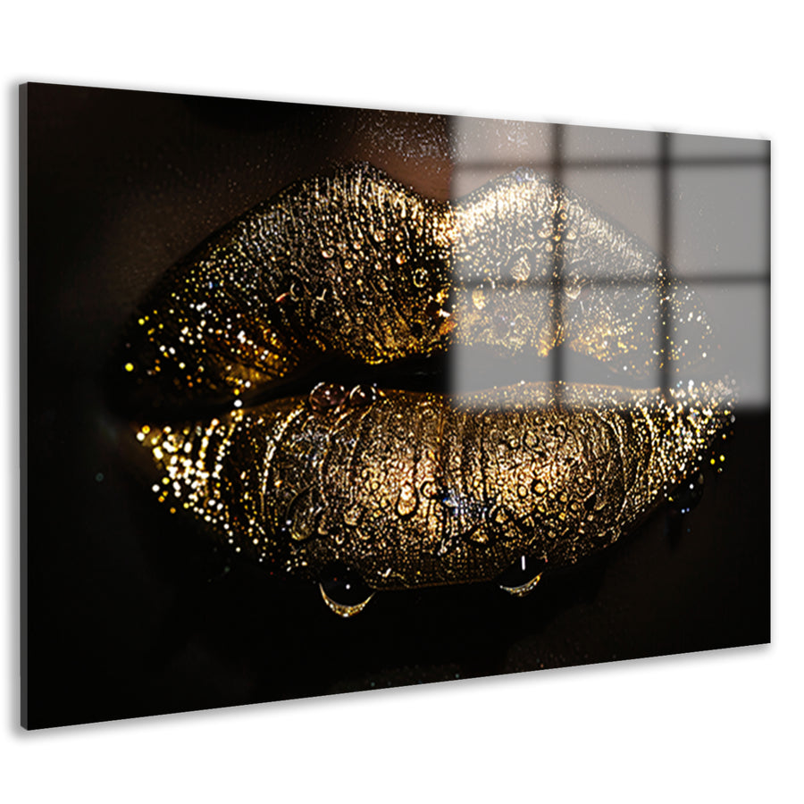 Betoverende gouden glitter lippen met waterdruppels acrylglas