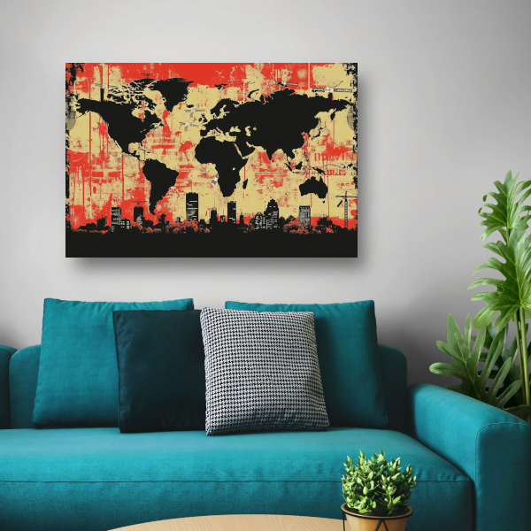 Minimalistische Wereldkaart canvas met baklijst