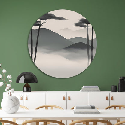 Minimalistisch landschap met mistige bergen aluminium muurcirkel