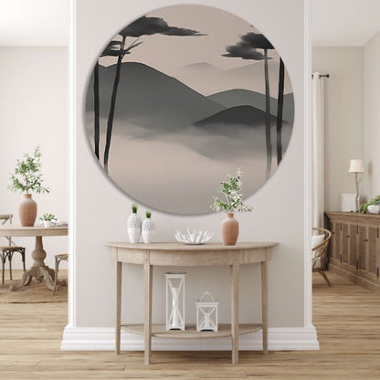Minimalistisch landschap met mistige bergen aluminium muurcirkel