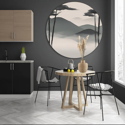 Minimalistisch landschap met mistige bergen aluminium muurcirkel