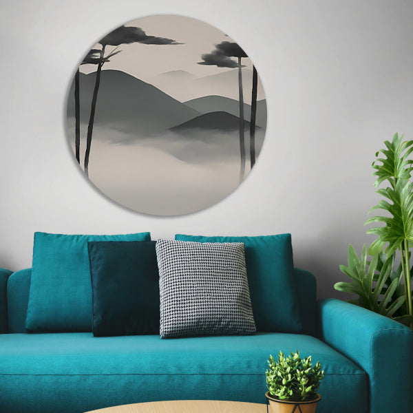 Minimalistisch landschap met mistige bergen aluminium muurcirkel