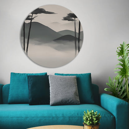 Minimalistisch landschap met mistige bergen aluminium muurcirkel