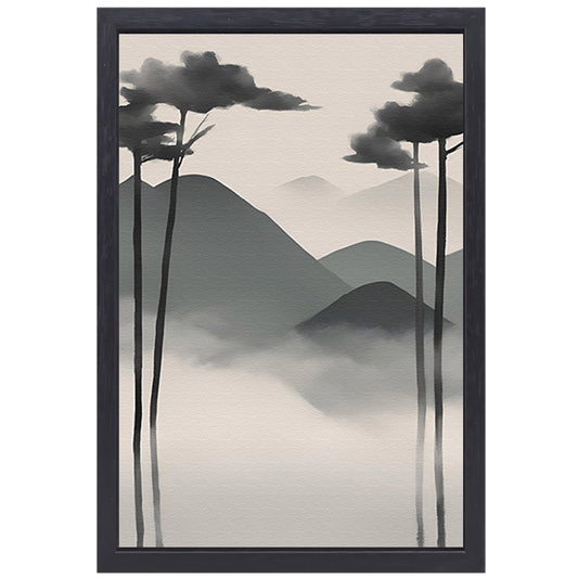 Minimalistisch landschap met mistige bergen canvas met baklijst