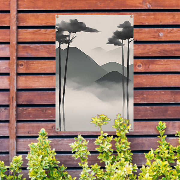 Minimalistisch landschap met mistige bergen tuinposter