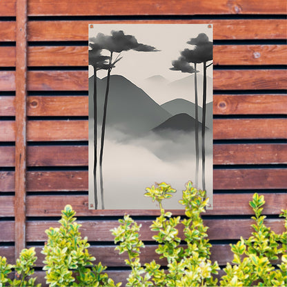 Minimalistisch landschap met mistige bergen tuinposter