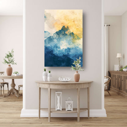 Abstract aquarel schilderij van bergen canvas met baklijst