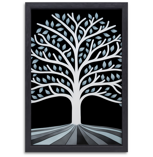 Gestileerde Boom met Perspectief en Blauwe Bladeren canvas met baklijst