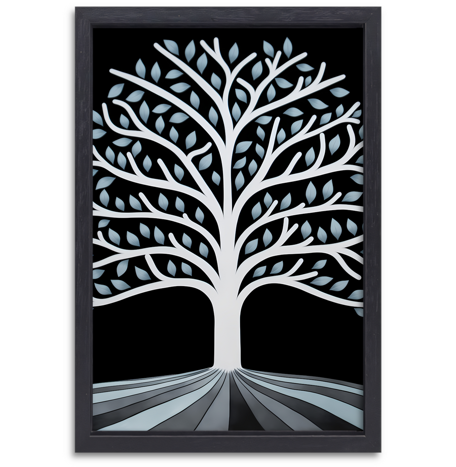 Gestileerde Boom met Perspectief en Blauwe Bladeren canvas met baklijst