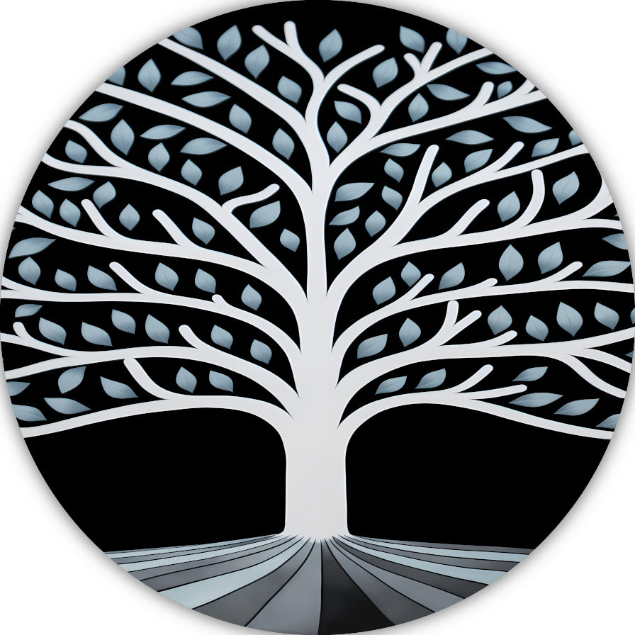 Gestileerde Boom met Perspectief en Blauwe Bladeren aluminium muurcirkel