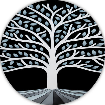 Gestileerde Boom met Perspectief en Blauwe Bladeren aluminium muurcirkel