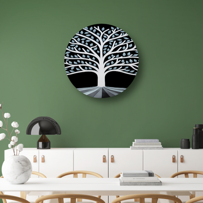 Gestileerde Boom met Perspectief en Blauwe Bladeren aluminium muurcirkel