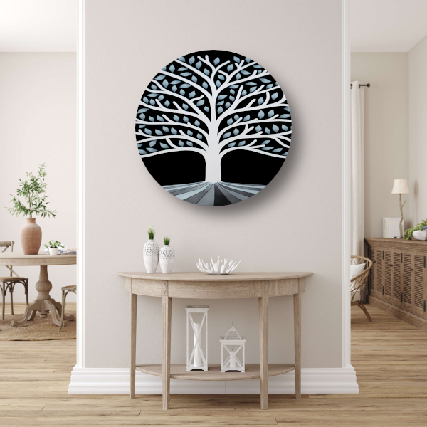 Gestileerde Boom met Perspectief en Blauwe Bladeren aluminium muurcirkel