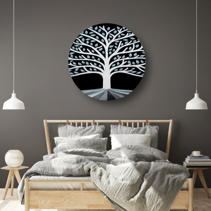 Gestileerde Boom met Perspectief en Blauwe Bladeren aluminium muurcirkel